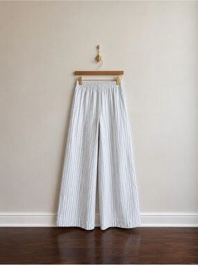 Aritzia White Wide-Leg Pants with Blue Pinstripes